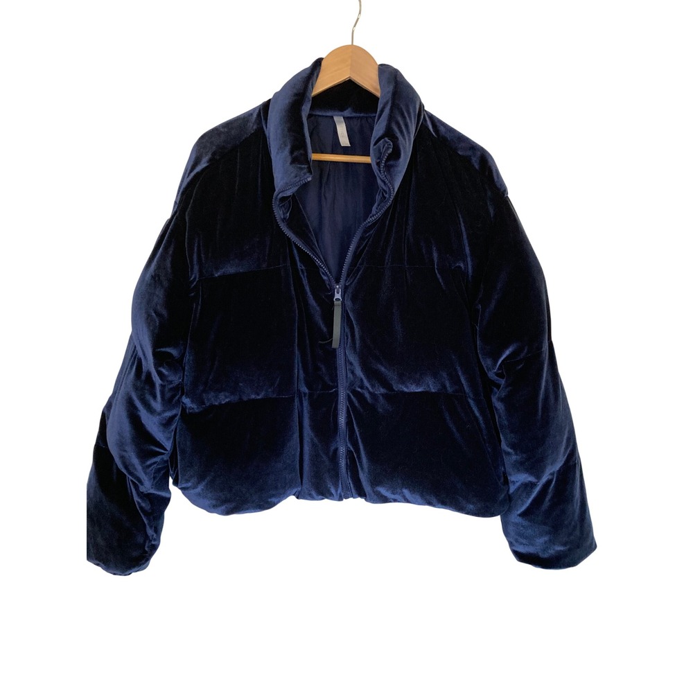 Fabletics Navy Blue Velvet Puffer Jacket Large Cropped Zip Athletic Luxurious